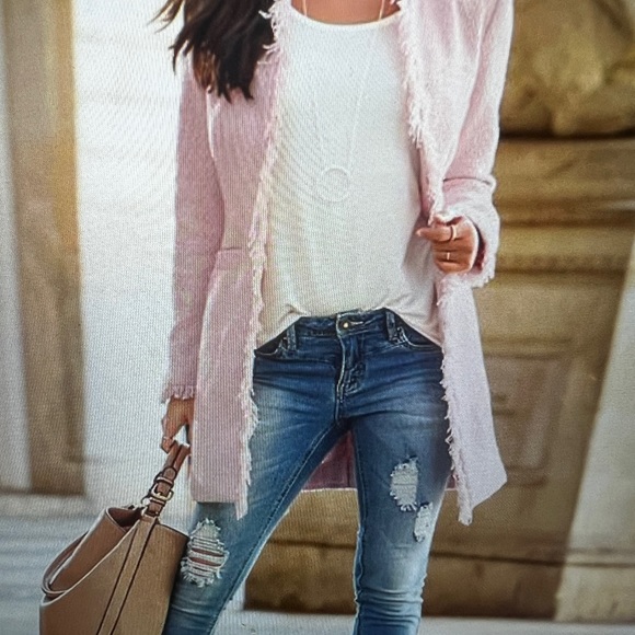 VENUS Open Front Tweed Fringe Pink Jacket Small - Picture 6 of 6